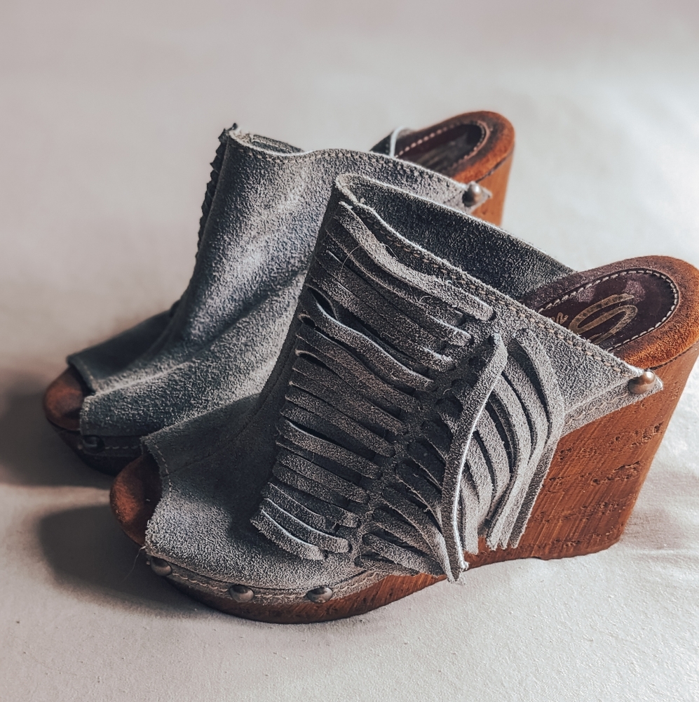 Grey Suede Sbicca Wedge Heels with Grey Fringe
